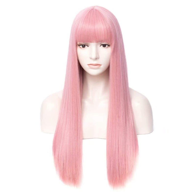 Netgo Pink Wigs, Long Straight Wig with Bangs for Women, 27 inch Heat Resistant Synthetic Cosplay Party Wigs With Bangs for Girls - Image 1